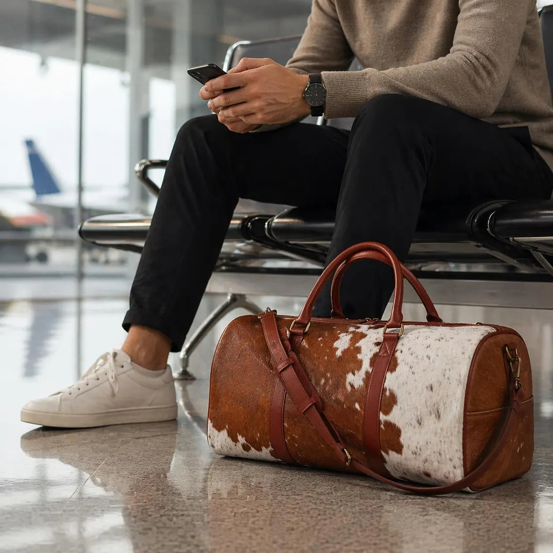 Handmade Brown and White Cowhide Duffle Bag | 100% Genuine Hair On Weekender Traveler Bags for Men Women Personalized