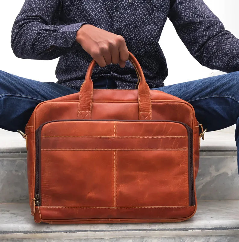 Handmade Buffalo Leather Messenger Crossbody Briefcase Office Laptop bag Rustic Vintage Handbag Work and Travel Unisex Bag Valentines Gift