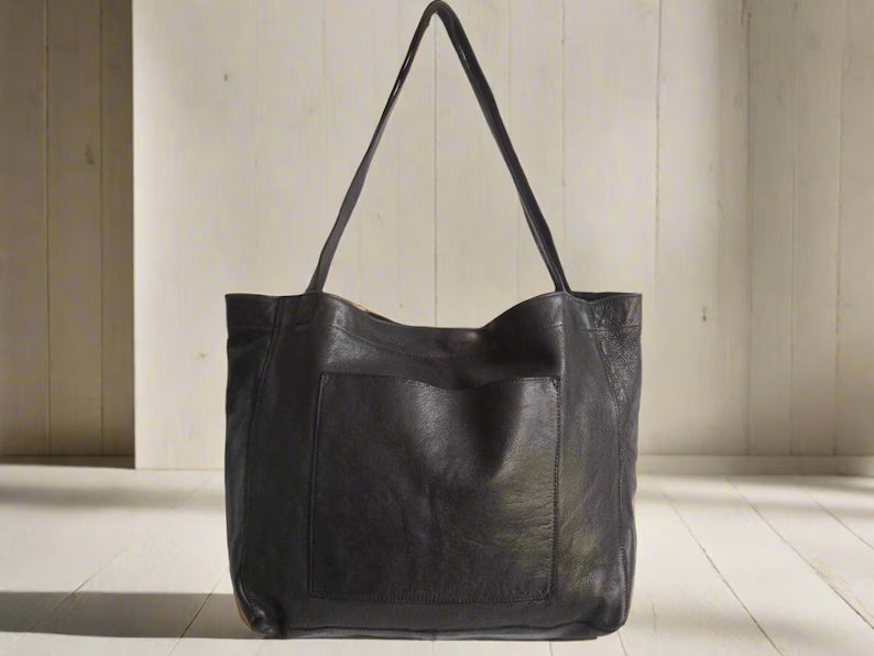 Cognac leather shopper, laptop tote bag, large market bag