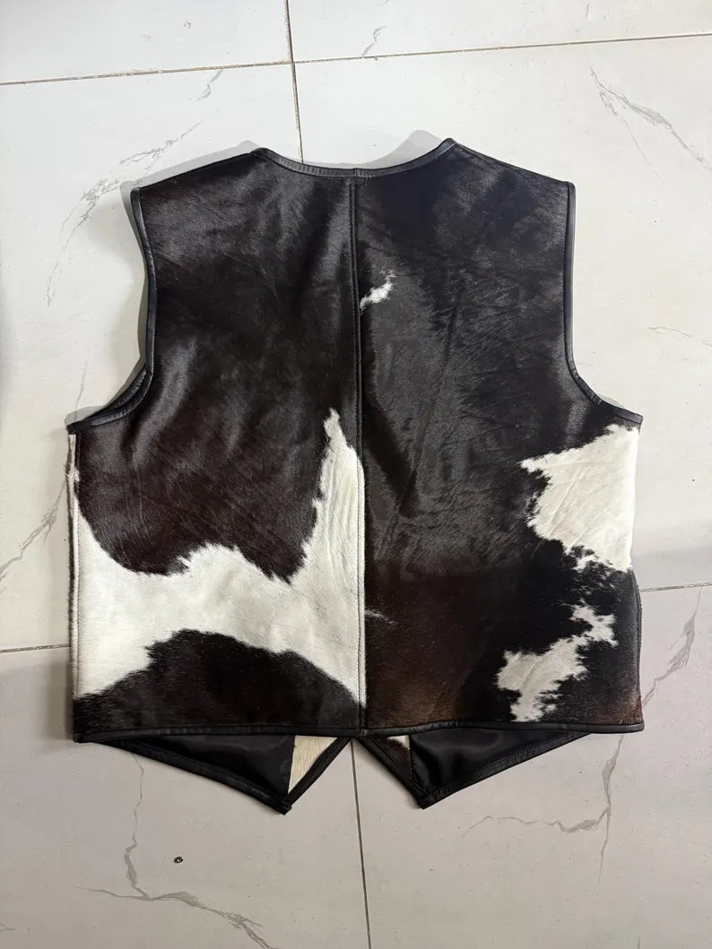 Men's Handcrafted Black and White Cowhide Hair-on Leather Vest