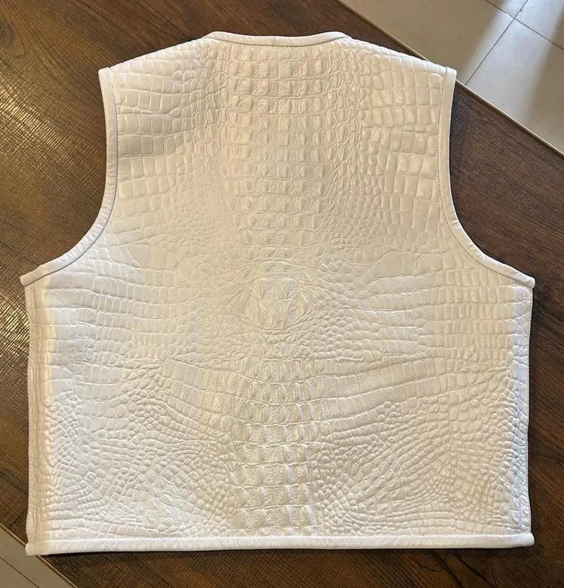 Men's Luxury White Alligator Leather Vest – Handcrafted Exotic Skin Waistcoat with Red Bandana Lining