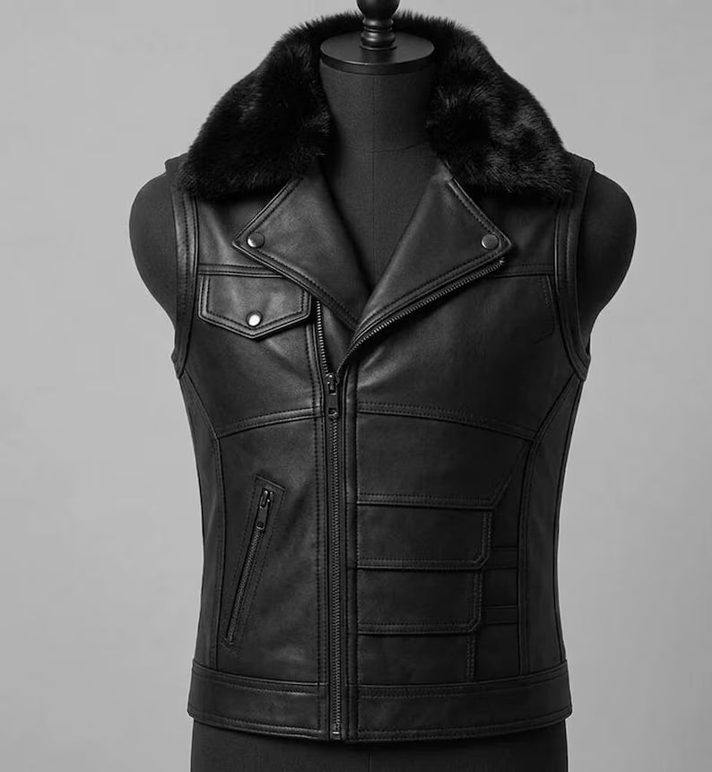 Men's Faux Fur Collar Leather Motorcycle Vest