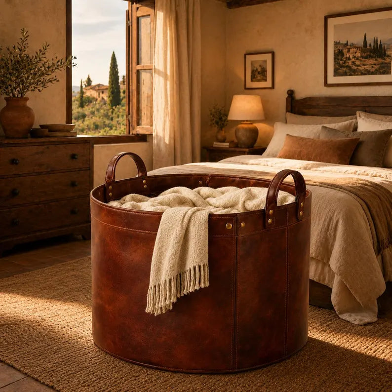 Round Faux Leather Laundry Hamper with Handles – Large Decorative Storage Basket for Blankets, Toys, and Clothes
