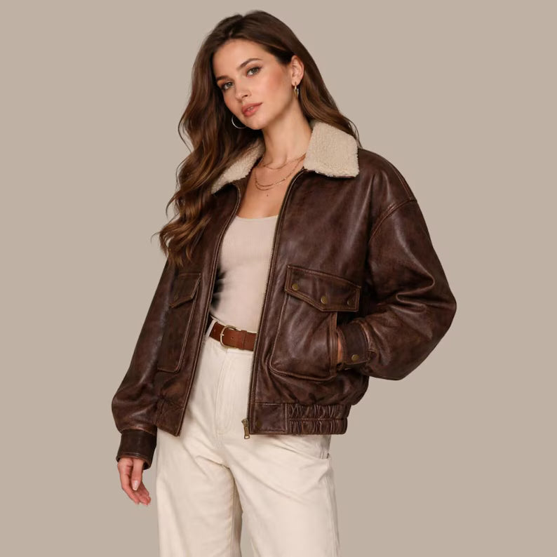 Women's Vintage Distress Faux Leather Bomber Jacket with Sherpa Collar