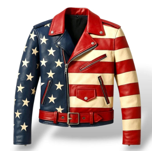 American Flag Leather Biker Jacket for Men – Bold Moto Jacket with Stars & Strip Gift for Him