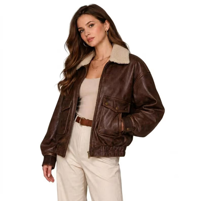 Women's Vintage Distress Faux Leather Bomber Jacket with Sherpa Collar