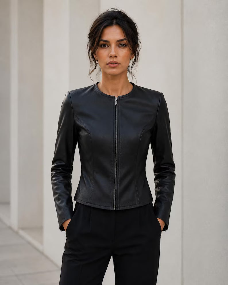 Women's Minimalist Crew Neck Faux Leather Jacket