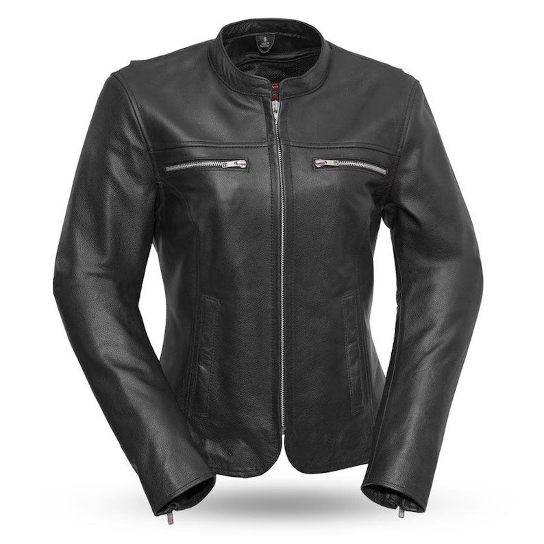 Women's Classic Black Leather Motorcycle Jacket with Vented Chest Pockets and Action Back