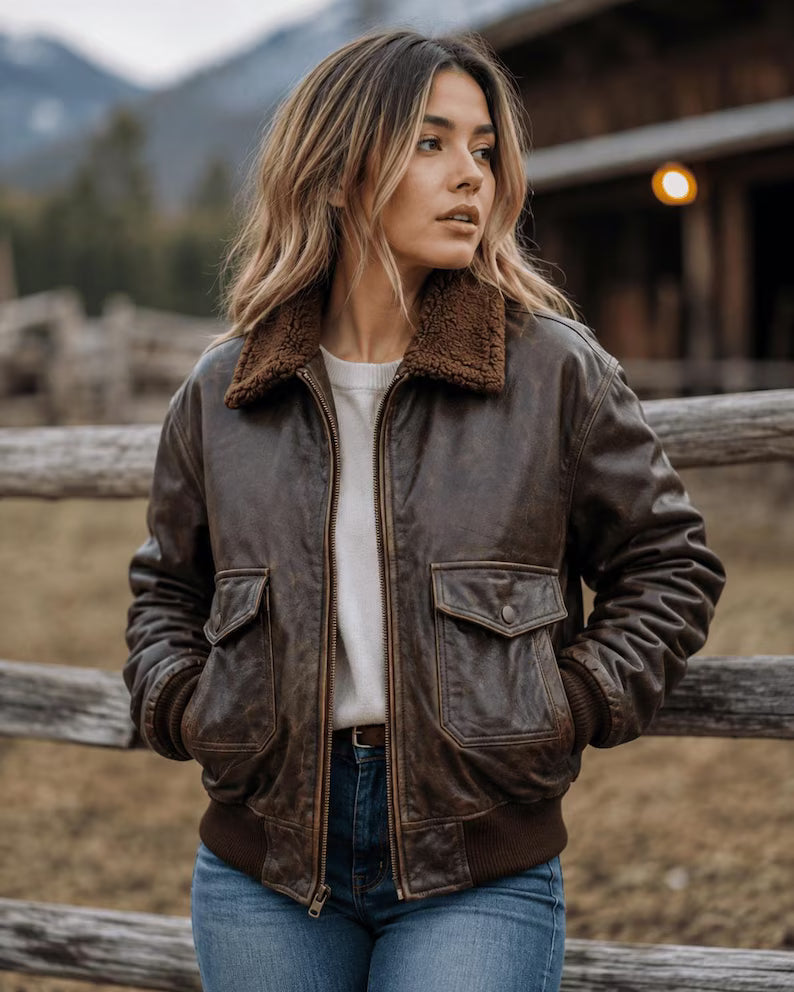 Women's Vintage Distressed Brown Leather Bomber Jacket with Faux Shearling Collar