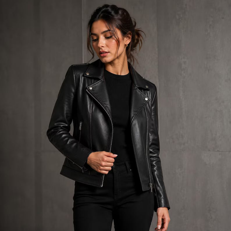 Women's Classic Black Faux Leather Moto Jacket