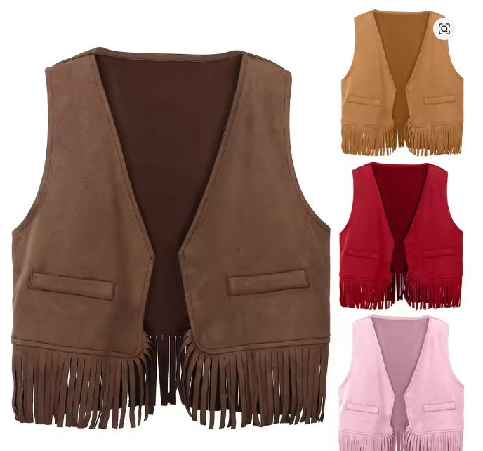 Women's Vintage Suede Fringe Vest – Sleeveless Open-Front Cowgirl Hippie Waistcoat  Faux Suede Fringe Crop Vest for Women Western Cowboy Outfits  Boho Open Front Tassel Suede Waistcoat Hippie Festival Vest