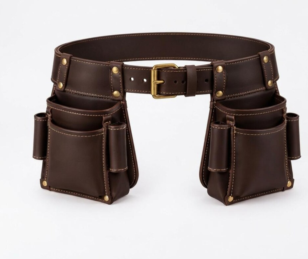 Heavy-Duty Genuine Dark Brown Leather Tool Belt Rig – Multi-Pocket Carpenter & Electrician Organizer