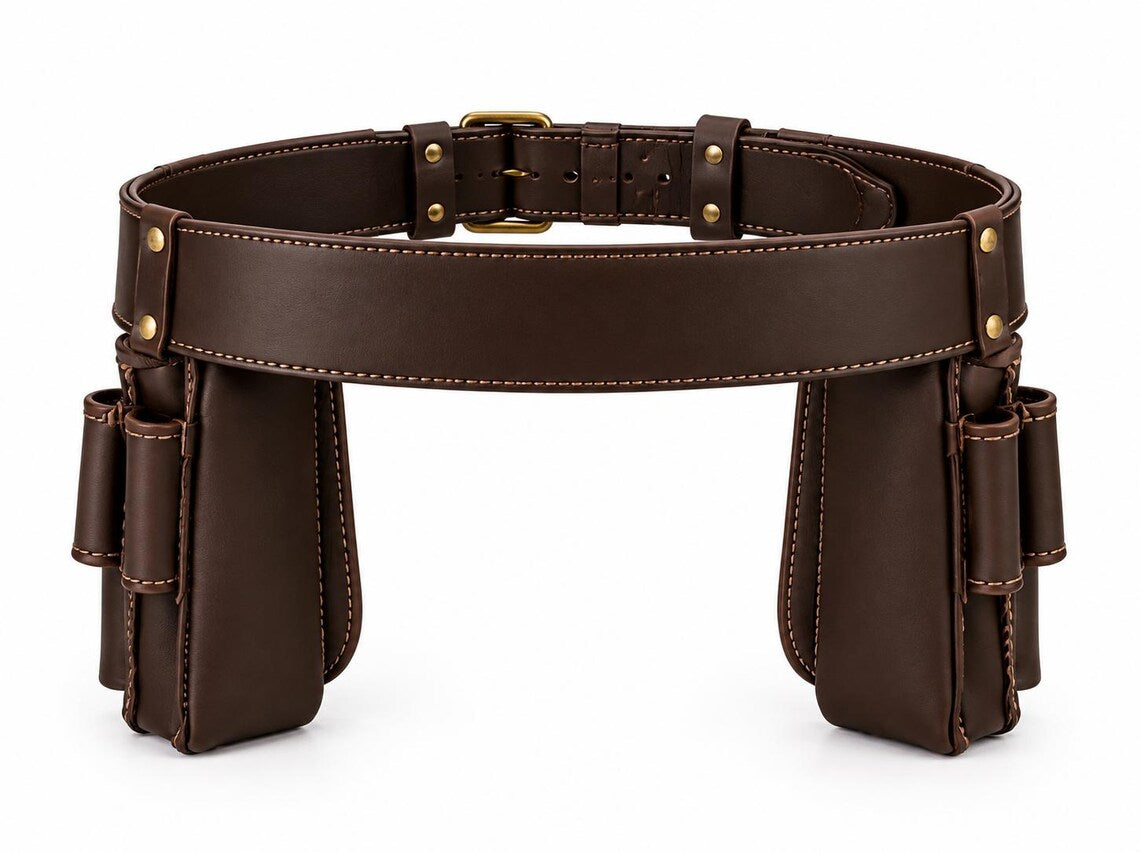Heavy-Duty Genuine Dark Brown Leather Tool Belt Rig – Multi-Pocket Carpenter & Electrician Organizer