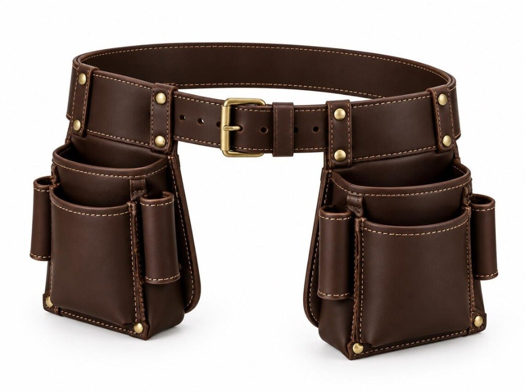 Heavy-Duty Genuine Dark Brown Leather Tool Belt Rig – Multi-Pocket Carpenter & Electrician Organizer