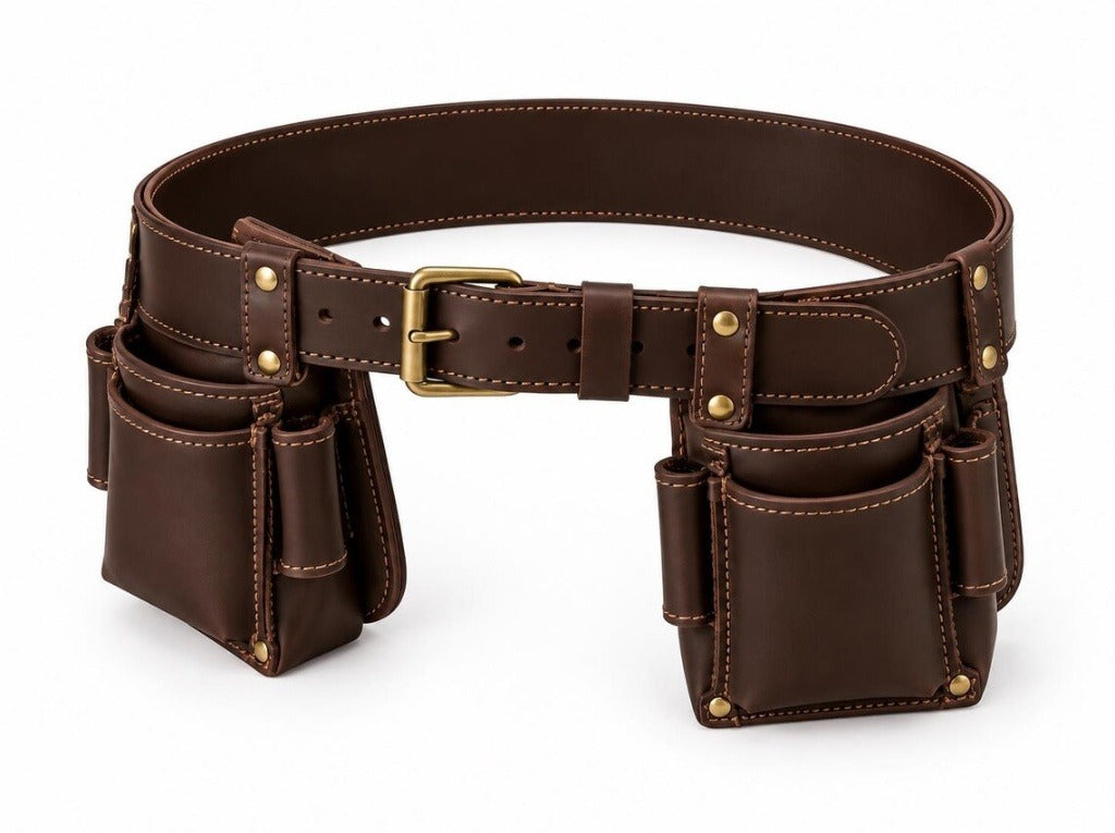 Heavy-Duty Genuine Dark Brown Leather Tool Belt Rig – Multi-Pocket Carpenter & Electrician Organizer