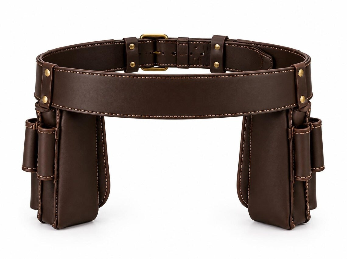Heavy-Duty Genuine Dark Brown Leather Tool Belt Rig – Multi-Pocket Carpenter & Electrician Organizer