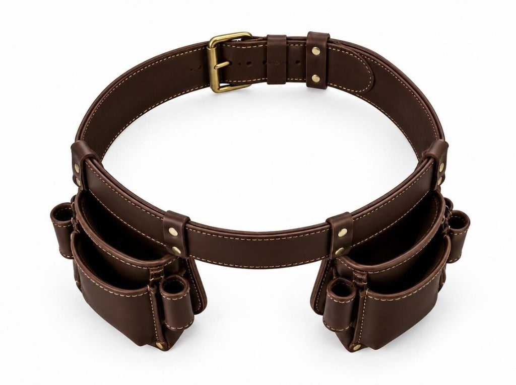 Heavy-Duty Genuine Dark Brown Leather Tool Belt Rig – Multi-Pocket Carpenter & Electrician Organizer