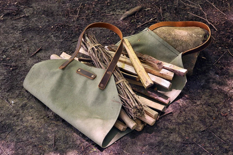 Heavy-Duty Waxed Canvas Firewood Log Carrier Tote Bag with Genuine Leather Handles