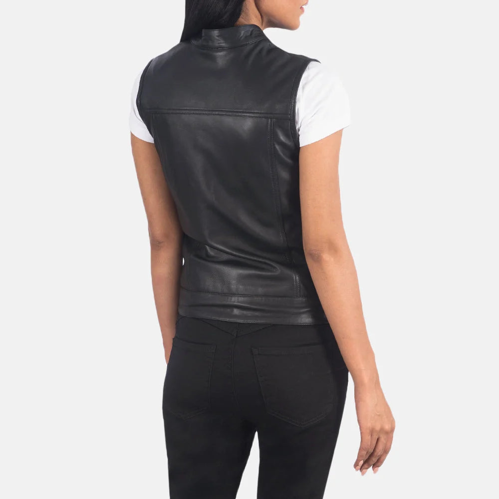 Women's Classic Black Leather Biker Vest with Snap-Tab Collar and Chest Pockets
