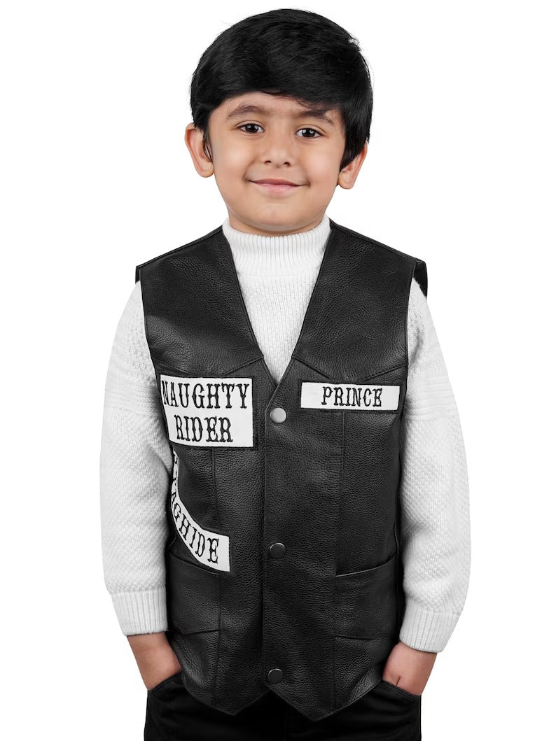 Kids Black Faux Leather Biker Vest with Custom Patches and Stag Hide Back Design
