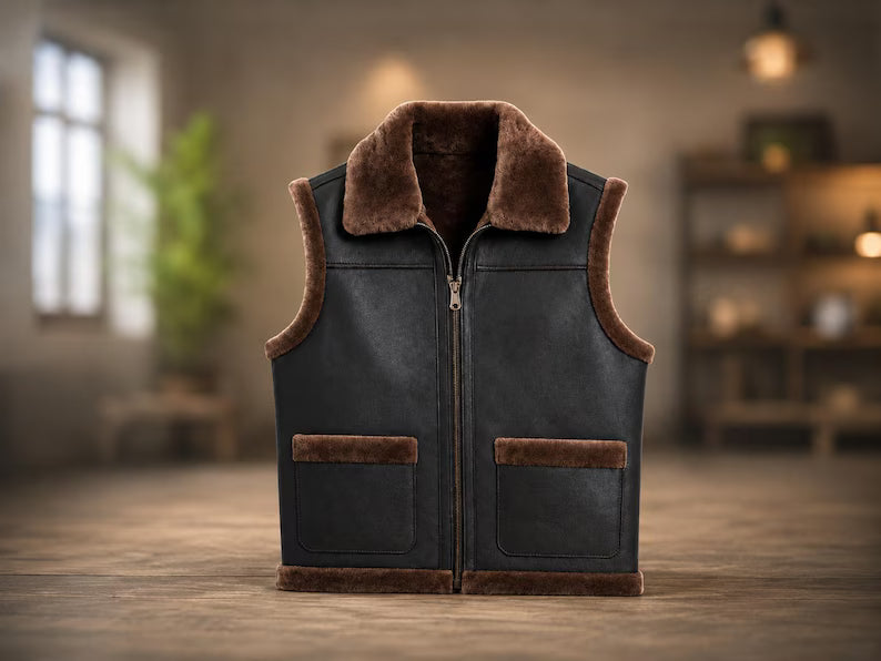 Men's Premium Black Leather Shearling Fur Vest – Winter Warm Sleeveless Jacket with Faux Fur Trim and Pockets