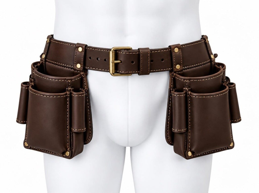 Heavy-Duty Genuine Dark Brown Leather Tool Belt Rig – Multi-Pocket Carpenter & Electrician Organizer