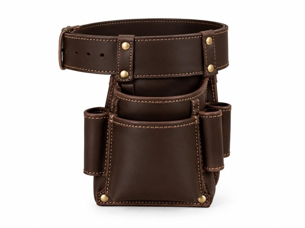Heavy-Duty Genuine Dark Brown Leather Tool Belt Rig – Multi-Pocket Carpenter & Electrician Organizer