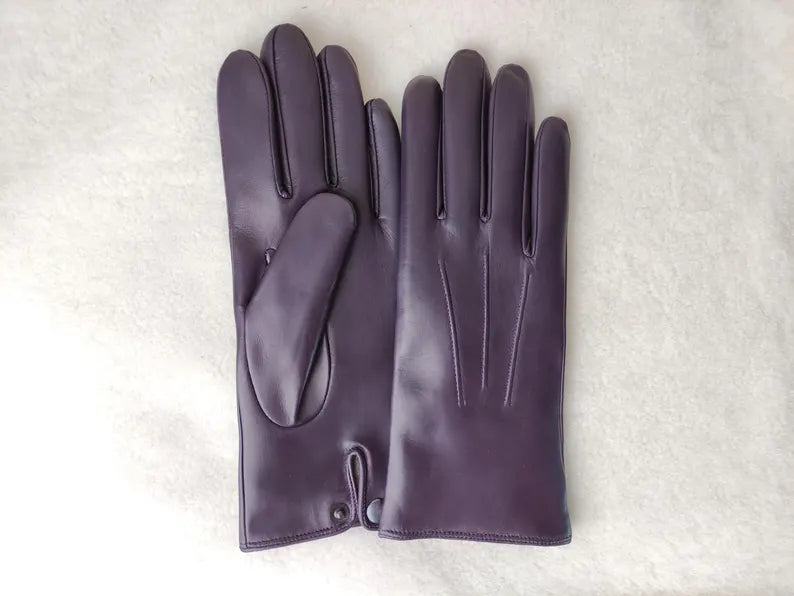 Women's Classic Plum Purple Leather Gloves with Snap Closure and Stitching Detail
