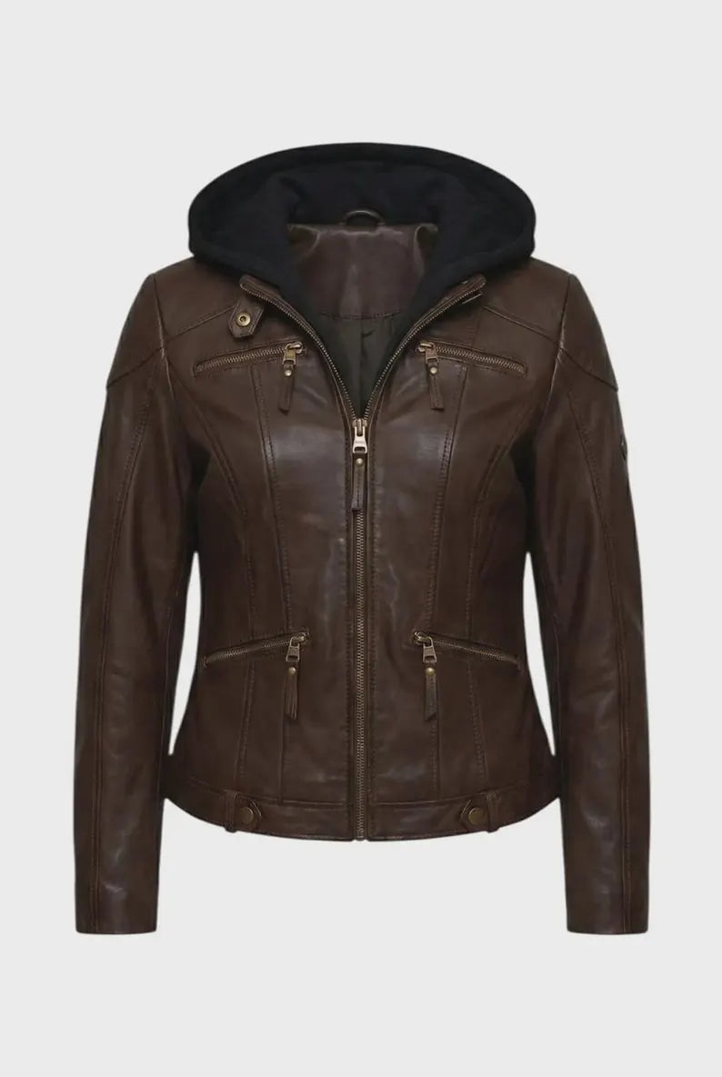 Women's Casual Brown Faux Leather Jacket with Removable Black Hood and Zip Pockets