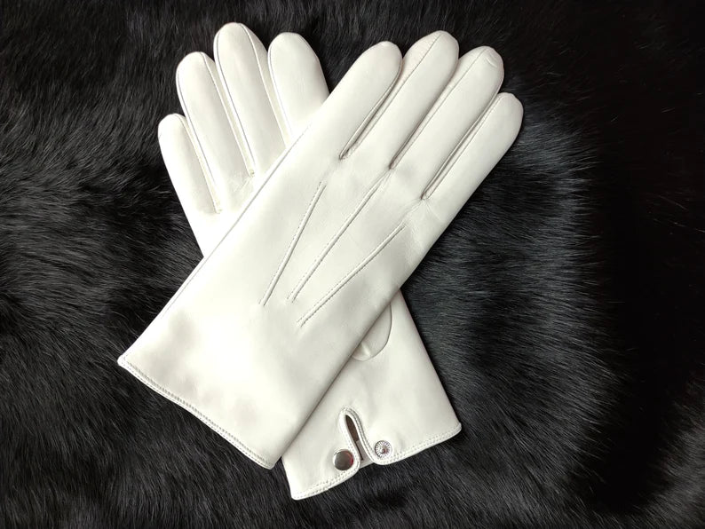 Classic Women’s Elegant White Leather Dress Gloves with Snap Closure