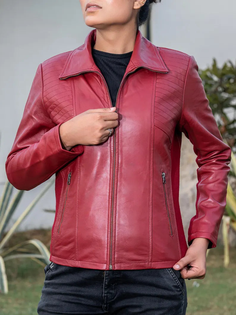 Women's Quilted Accent Genuine Leather Jacket with Side Panels