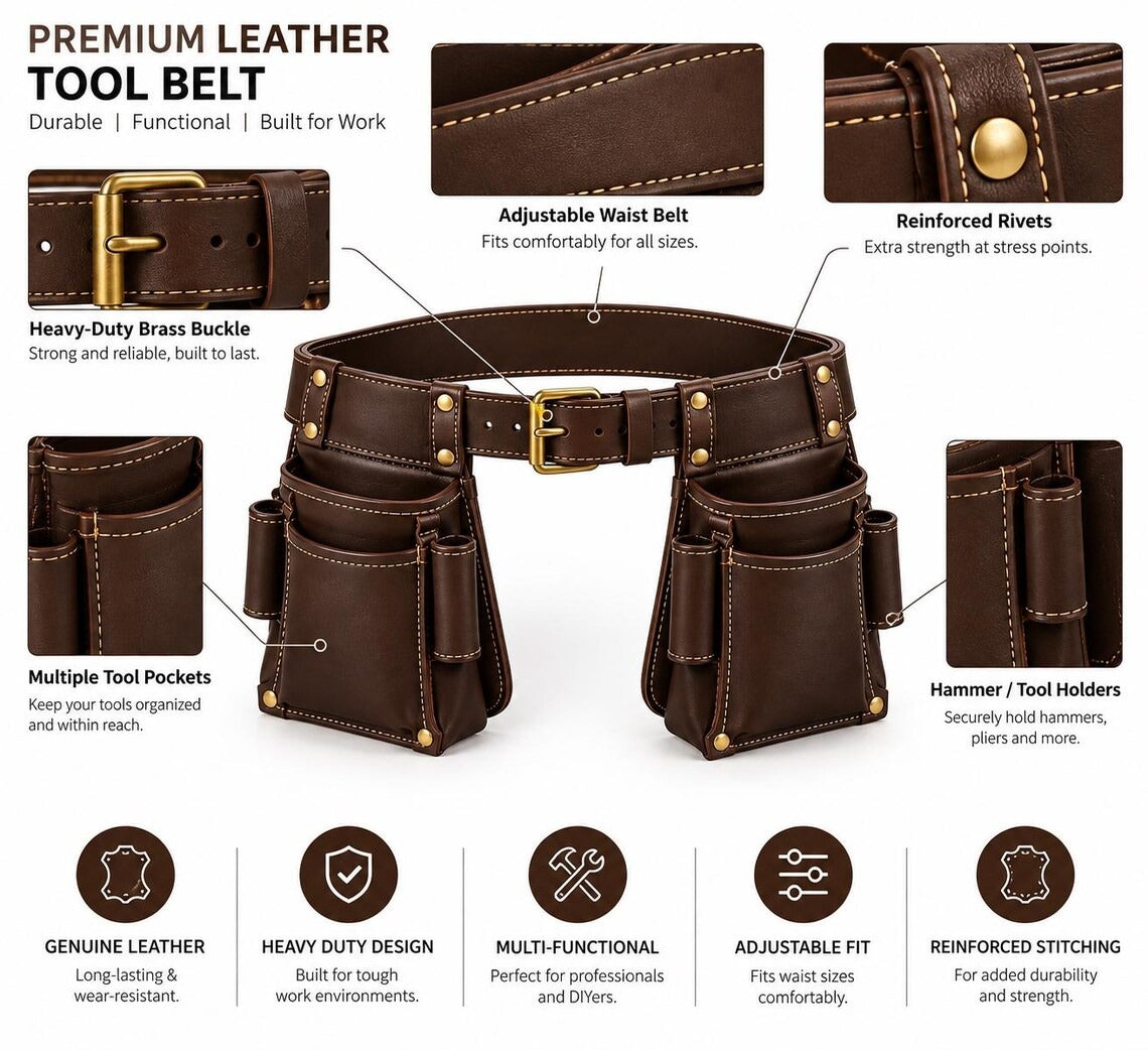 Heavy-Duty Genuine Dark Brown Leather Tool Belt Rig – Multi-Pocket Carpenter & Electrician Organizer