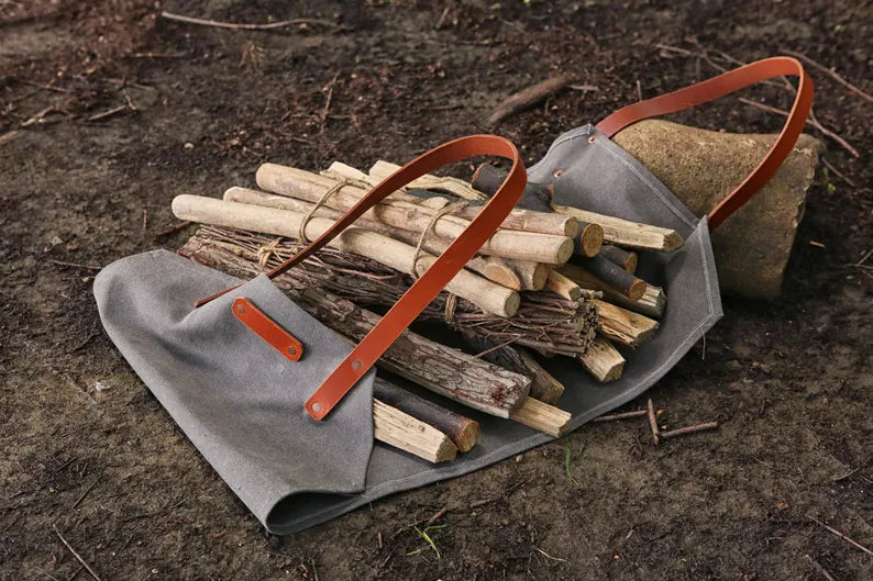 Heavy-Duty Waxed Canvas Firewood Log Carrier Tote Bag with Genuine Leather Handles