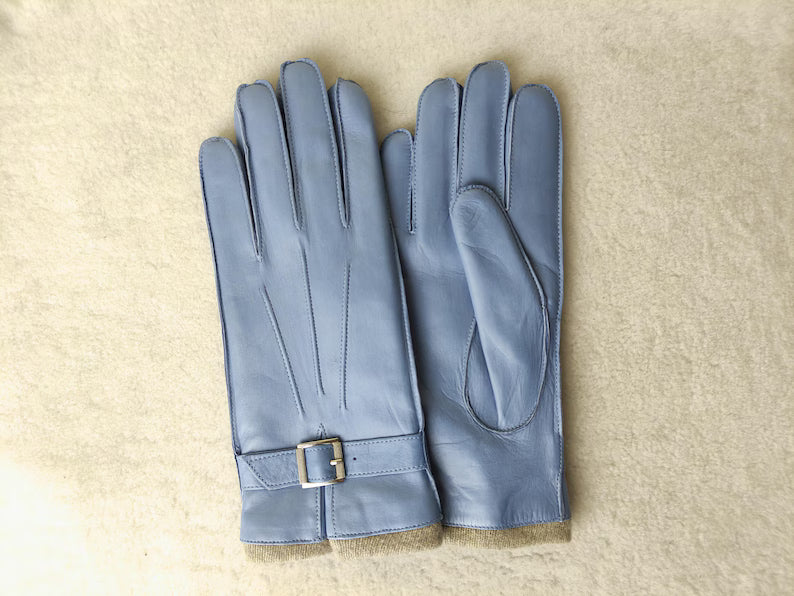 Women's Elegant Light Blue Leather Gloves with Strap and Buckle