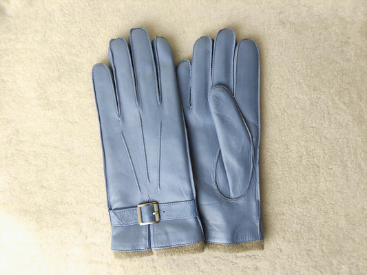 Women's Elegant Light Blue Leather Gloves with Strap and Buckle