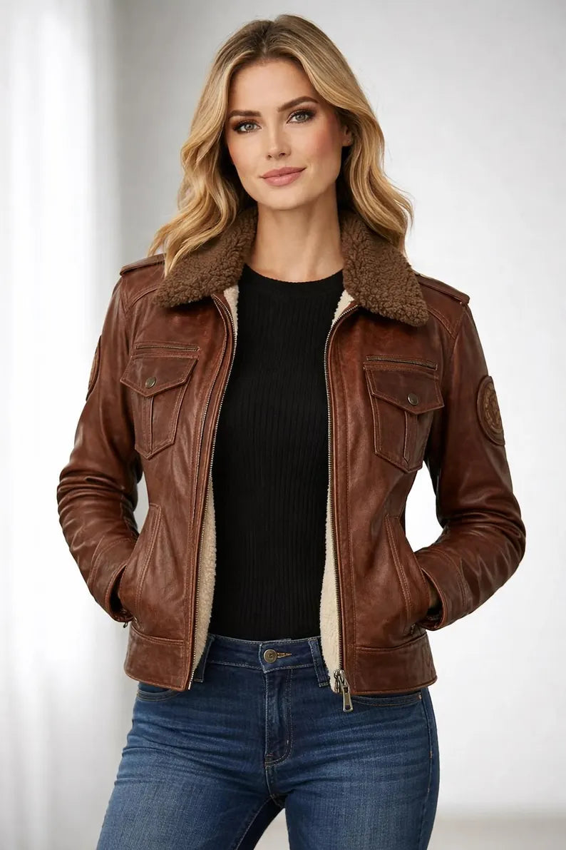 Women’s Vintage Brown Leather Bomber Jacket with Sherpa Collar and Utility Pockets