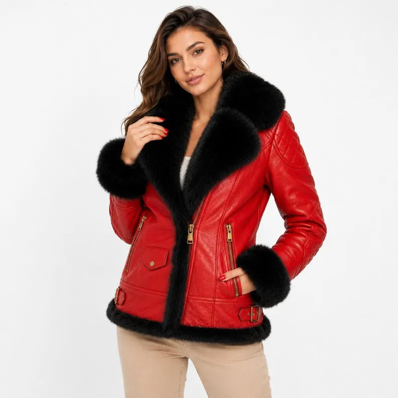 Women's Faux Leather Shearling Jacket with Faux Fur Trim & Quilted Details