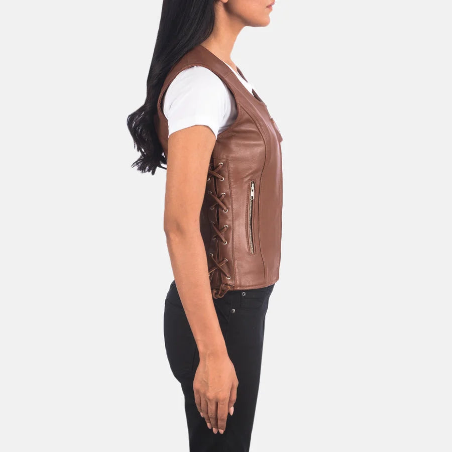 Women's Brown Leather Biker Vest with Side Lacing and Zipper Pockets