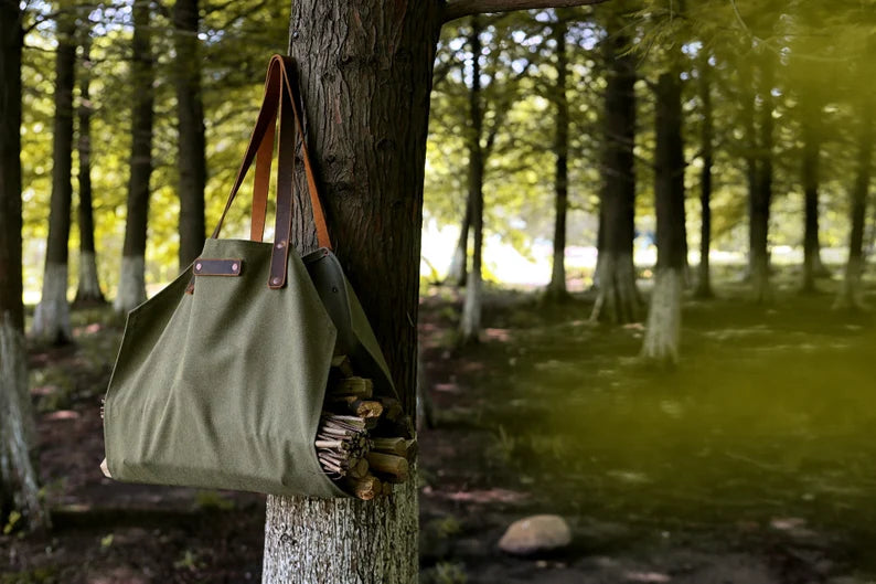 Heavy-Duty Waxed Canvas Firewood Log Carrier Tote Bag with Genuine Leather Handles