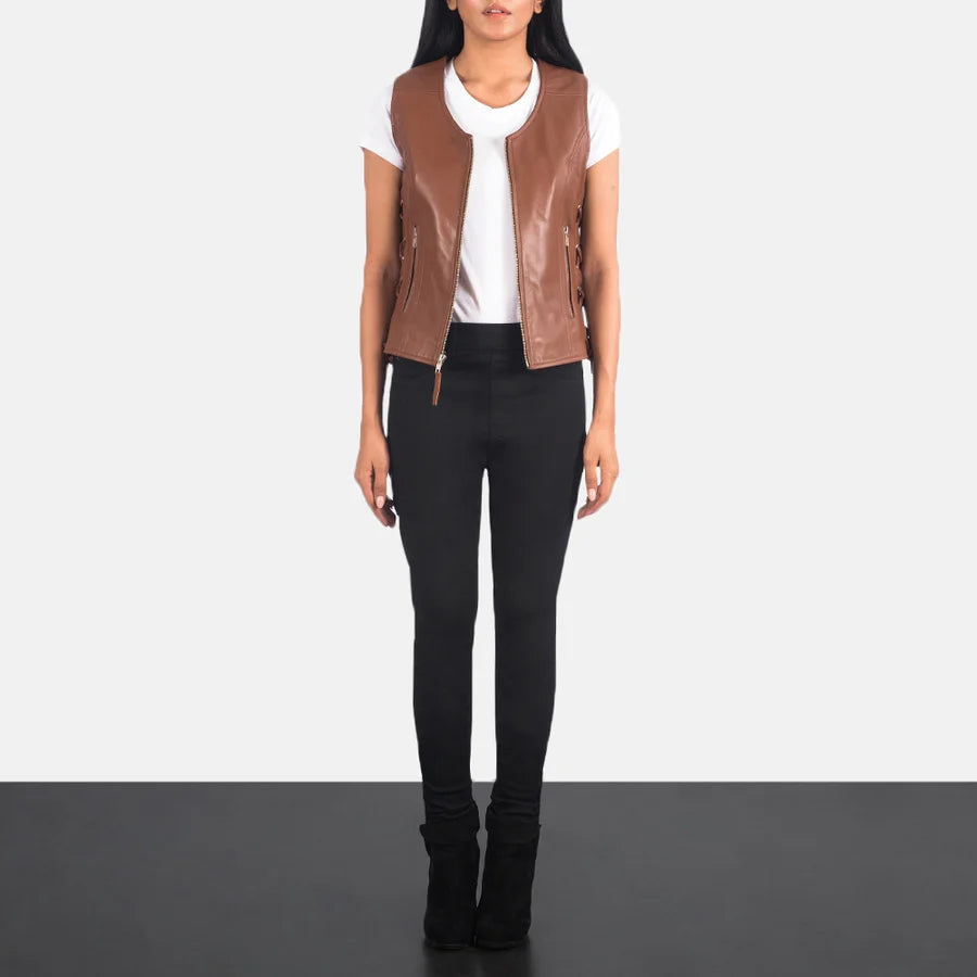 Women's Brown Leather Biker Vest with Side Lacing and Zipper Pockets