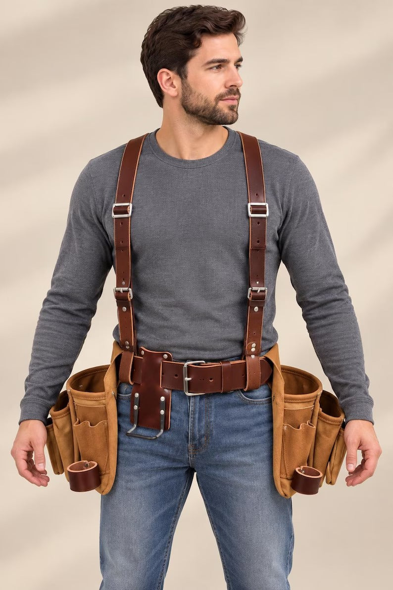 Professional Leather Tool Belt Rig with Adjustable Suspenders & Suede Pouches – Heavy Duty Carpenter & Electrician Work Apron