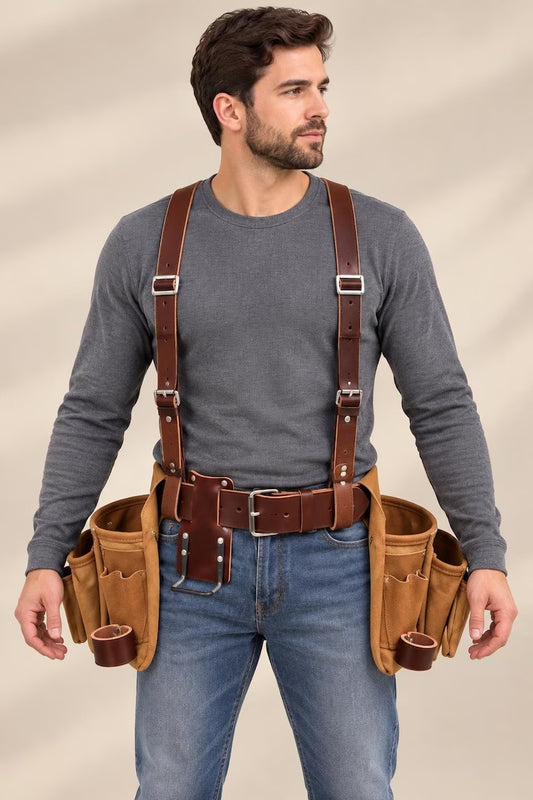 Professional Leather Tool Belt Rig with Adjustable Suspenders & Suede Pouches – Heavy Duty Carpenter & Electrician Work Apron