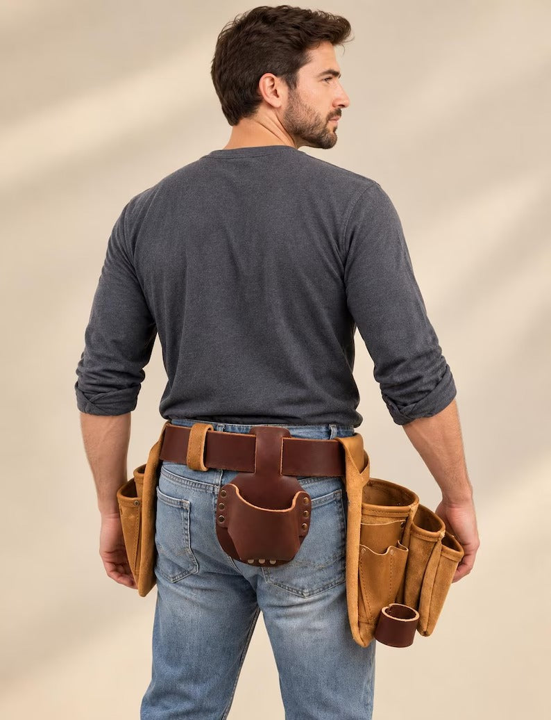 Professional Leather Tool Belt Rig with Adjustable Suspenders & Suede Pouches – Heavy Duty Carpenter & Electrician Work Apron
