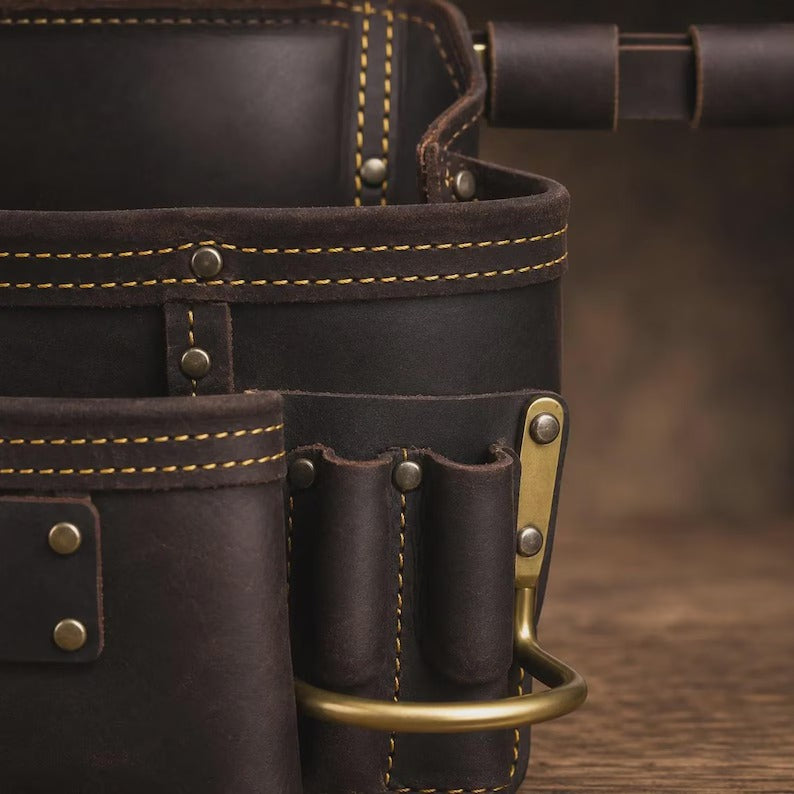 Heavy-Duty Full Grain Leather Tool Belt with Suspenders – Carpenter & Electrician Rig Setup