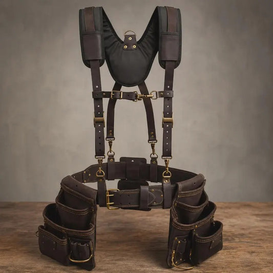 Heavy-Duty Full Grain Leather Tool Belt with Suspenders – Carpenter & Electrician Rig Setup