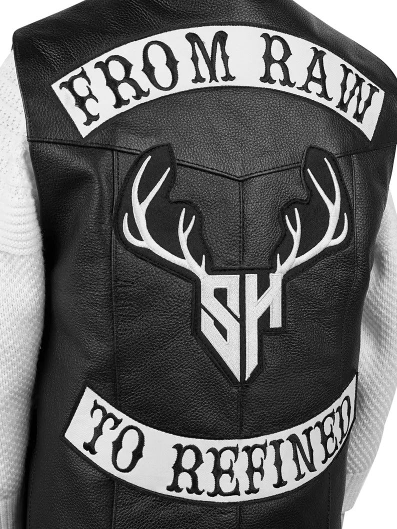 Kids Black Faux Leather Biker Vest with Custom Patches and Stag Hide Back Design