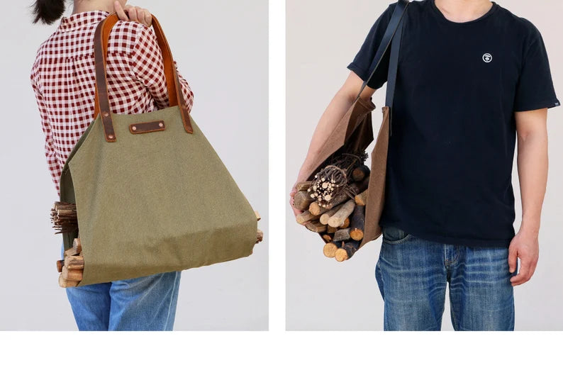 Heavy-Duty Waxed Canvas Firewood Log Carrier Tote Bag with Genuine Leather Handles