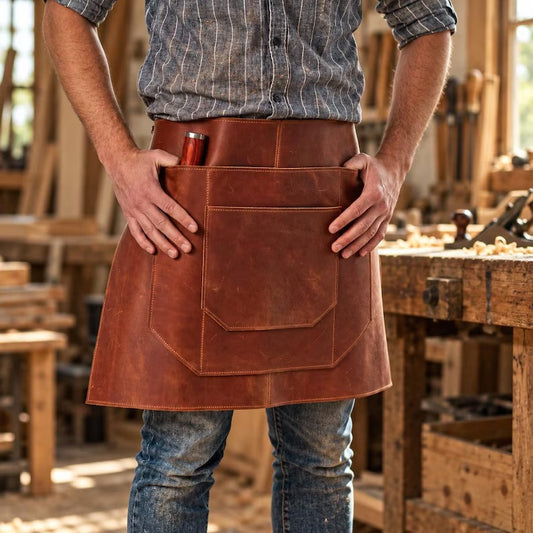 Handcrafted Full-Grain Leather Work Half-Apron with Adjustable Belt & Utility Pockets