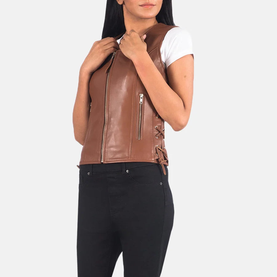 Women's Brown Leather Biker Vest with Side Lacing and Zipper Pockets