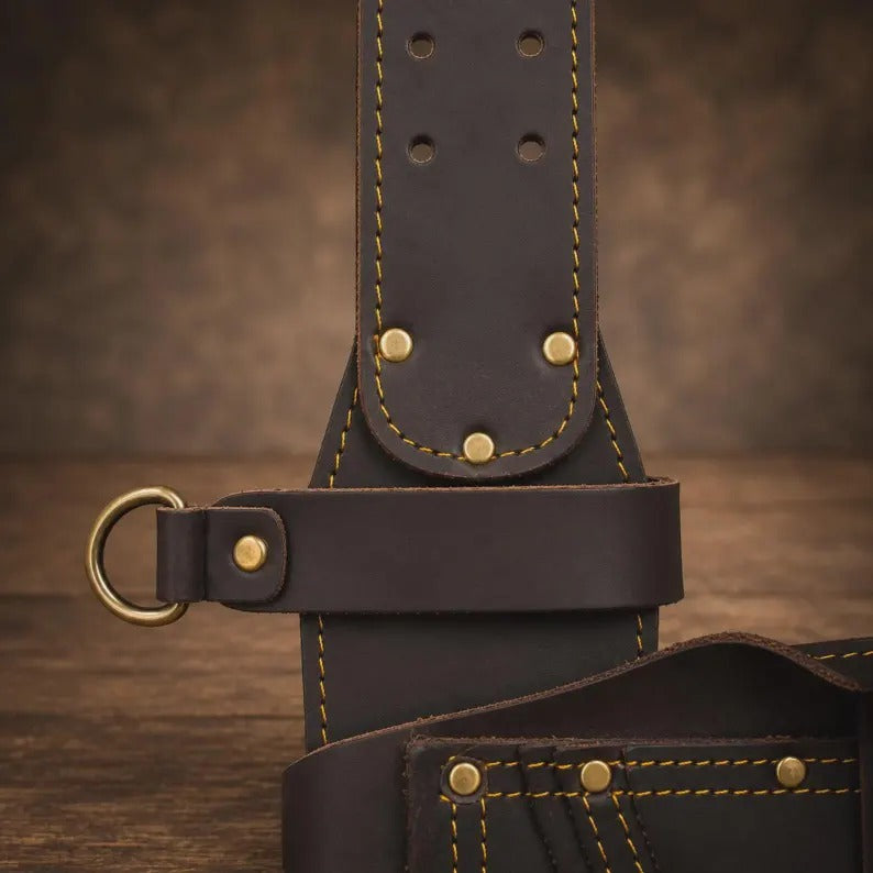 Heavy-Duty Full Grain Leather Tool Belt with Suspenders – Carpenter & Electrician Rig Setup